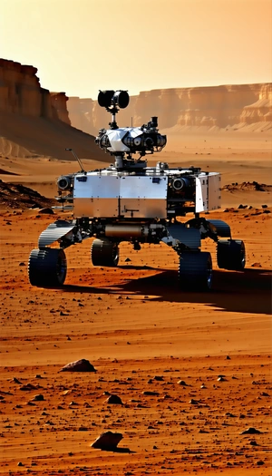 A Large Robotic Vehicle, Possibly A Rover, Driving Across A Dirt Field