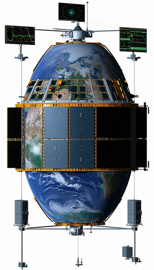 A Large Satellite Dish Is Shown In The Image, With A Large Globe Of The Earth In The Center