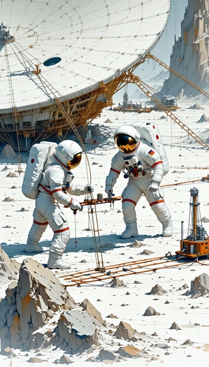 In The Image, There Are Two Astronauts Standing On A Snowy Surface, Possibly On A Distant Planet