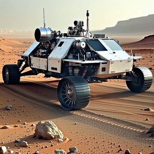 A Large Silver Vehicle Is Driving Across A Desert Landscape