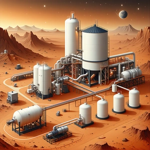 The Image Is A Detailed Illustration Of A Factory On A Distant Planet