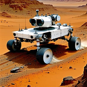 A White Robotic Vehicle, Possibly A Rover, Driving Across A Sandy Terrain