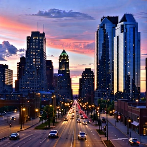Urban Commercial Photography: Cityscape Of Downtown District During Sunset With Captures Bustling