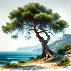 Nature Ink Drawing: (ancient:1.33) Tree In Coastal Environment With Beautiful Tree
