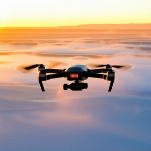 A Black And Yellow Drone Is Flying In The Sky, Capturing The Sunset