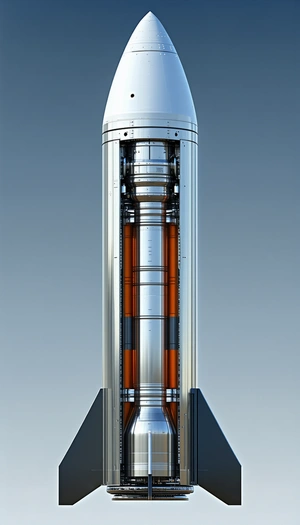 A Large, Silver Rocket Is On Display, Showcasing Its Impressive Size And Design