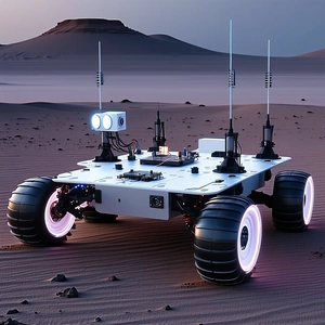 A White Robotic Vehicle With Four Wheels, Driving Across A Sandy Terrain