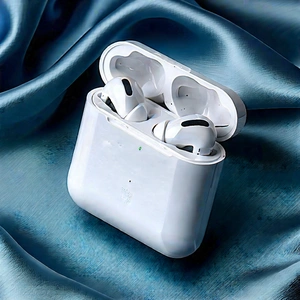 Tech Editorial Photography: Wireless Earbuds With Data Visualization With White Apple
