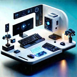 Futuristic Digital Workspace With Computer Desk