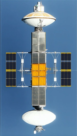 A Large Satellite Is Seen In The Sky, With A Yellow And Black Color Scheme