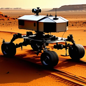 A Large Robotic Vehicle, Possibly A Rover, Driving Across A Sandy Terrain
