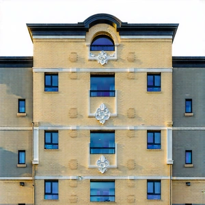 Urban Commercial Photography: (modern:1.21) Apartment Complex With Ornate Details With Large Building