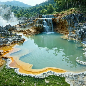 Nature Tilt-shift Photography: Hot Spring Surrounded By Rocky Shores With Beautiful Natural