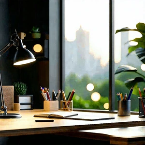 Lifestyle Digital Art: Home Office With (minimalist:1.22) Decor With Wooden Desk