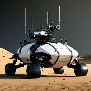 A Futuristic Vehicle Is Parked On A Dirt Surface, With A Sandy Terrain Surrounding It