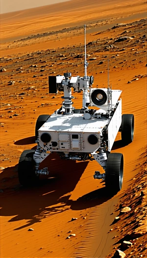 A White Robotic Vehicle, Possibly A Rover, Driving On A Red Dirt Surface