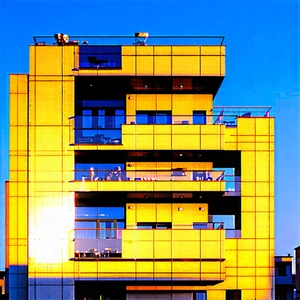 Urban Gouache Painting: Modern apartment complex with reflective glass