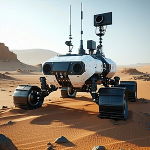 A Robotic Vehicle Is Sitting On A Sandy Surface, Possibly A Desert