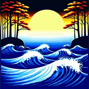 Nature Linocut Print: (ocean:1.3) waves surrounded by autumn trees
