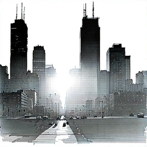 Urban Ink Drawing: Cityscape Of Downtown District During Midday With Black White