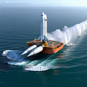 A Large White Rocket Ship Is Being Transported On A Barge