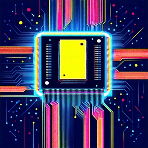 Tech Linocut Print: Microchip with neon accents