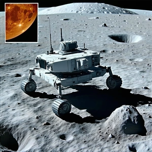 A White Robot Is Sitting On A Rocky Surface, With A Red Moon In The Background
