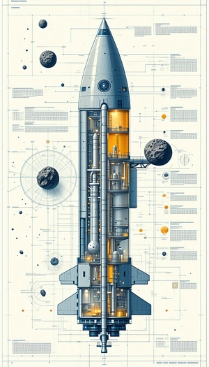 A Space Shuttle Is Shown In A Detailed Drawing, With A Large Rocket Ship In The Center