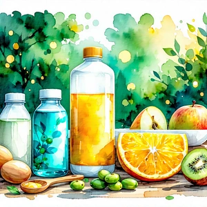 Lifestyle Gouache Painting: Wellness Scene With Healthy Food With Wooden Table