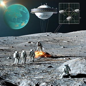 In The Image, There Are Four Astronauts On The Moon, Standing In A Line And Looking At A Spacecraft