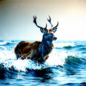 Nature Pencil Sketch: Deer In (ocean:1.24) Waters With Deer Standing