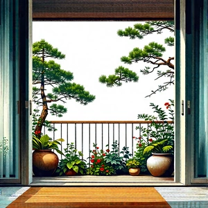 Lifestyle Woodcut Print: Balcony Garden With Minimalist Decor With Image, There