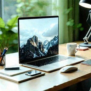 Business Matte Painting: Workplace with laptop and coffee on desk