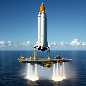 A Space Shuttle Is Seen Flying Over The Ocean, With A Large Platform Beneath It