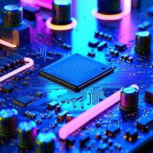 Tech Commercial Photography: Circuit Board With Neon Accents With Close-up Computer
