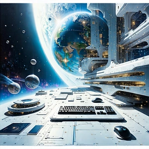 Tech Lithograph: Futuristic Digital Workspace With Futuristic Scene,