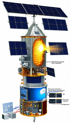 A Large, Silver Satellite With A Blue And Orange Dome On Top