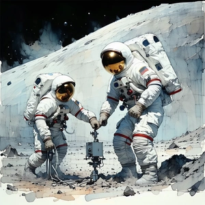 In The Image, There Are Two Astronauts Standing On The Moon, Both Wearing White Suits