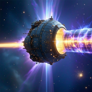 In The Image, There Is A Large, Futuristic Spacecraft With A Blue And Purple Hue