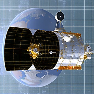 A Spacecraft, Possibly A Satellite Or A Space Shuttle, Flying Through The Air