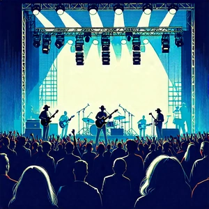 Urban Woodcut Print: Urban outdoor concert scene