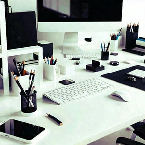 Business Geometric Design: Workplace with productivity tools on desk