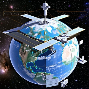 A Large Space Station Is Shown In The Image, With A Large Satellite Dish On Top Of It