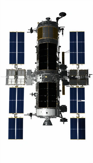 A Spacecraft Is Shown In A White And Blue Color Scheme, With A Large Satellite Dish On The Side
