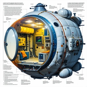 The Image Is A Detailed Illustration Of A Spacecraft, Showcasing Its Various Components And Features