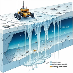 A Robotic Vehicle, Possibly A Submarine Or A Spacecraft, Traveling Through A Frozen Environment