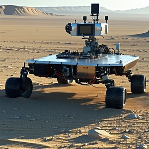 A Large Robotic Vehicle With Four Wheels, Sitting In A Desert-like Environment