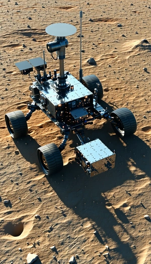 A Robotic Vehicle Is Sitting On A Dirt Surface, Possibly A Desert