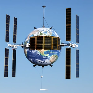 A Large Satellite Dish Is Suspended In The Air, With A Globe Of The Earth Inside It