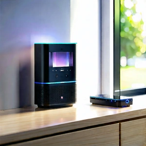Smart Home Device With Streaming Content With Wooden Table